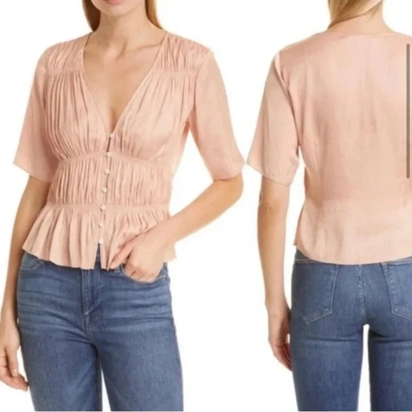 Frame Denim Tops - NWT Frame Short Sleeved V-neck Ruched Button Down Blouse in Pink Small